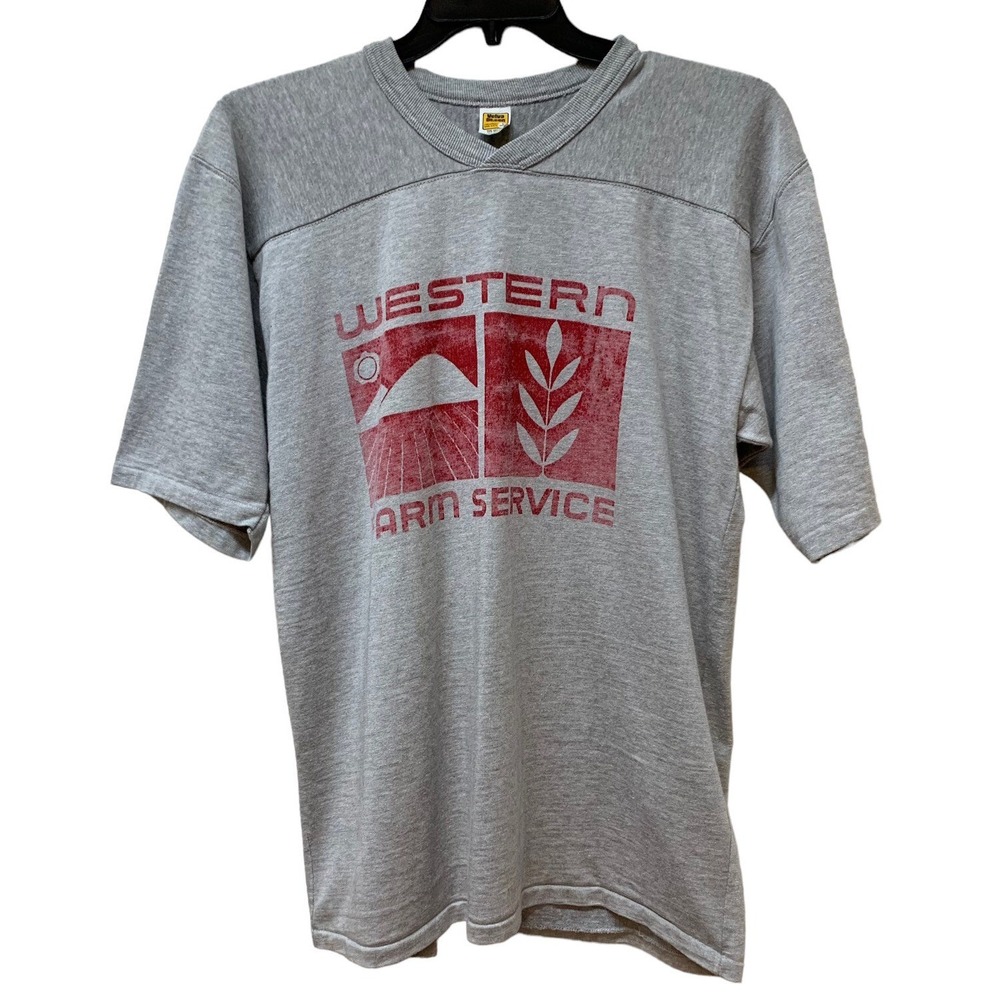 Vtg Western Farm Service Ag Ranch Graphic T shirt Velva Sheen Tag Made in USA L